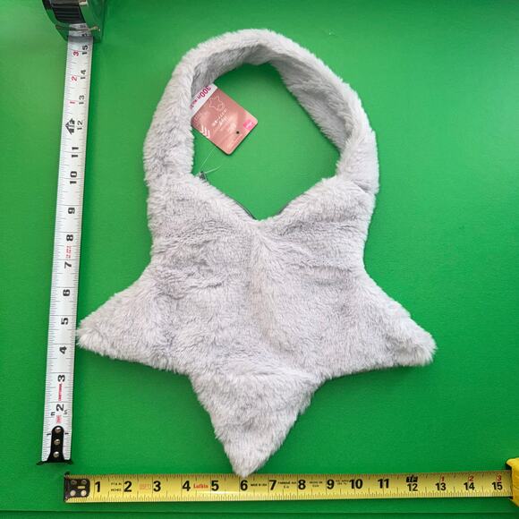 Y2K Japan Soft Fur Plush Star Shoulder Bag Purse Paper Punch Whimsy Gray Grey - Picture 5 of 6